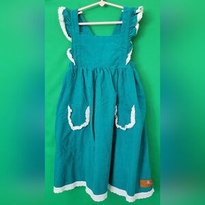 Teal Ruffled Dress with White Trim Millie Jay Apron Ruffle Size 8 Girls Corduroy